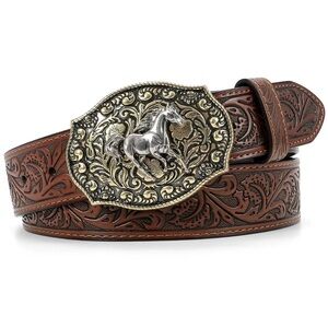 Brown Western Leather Belt with Silver Buckle